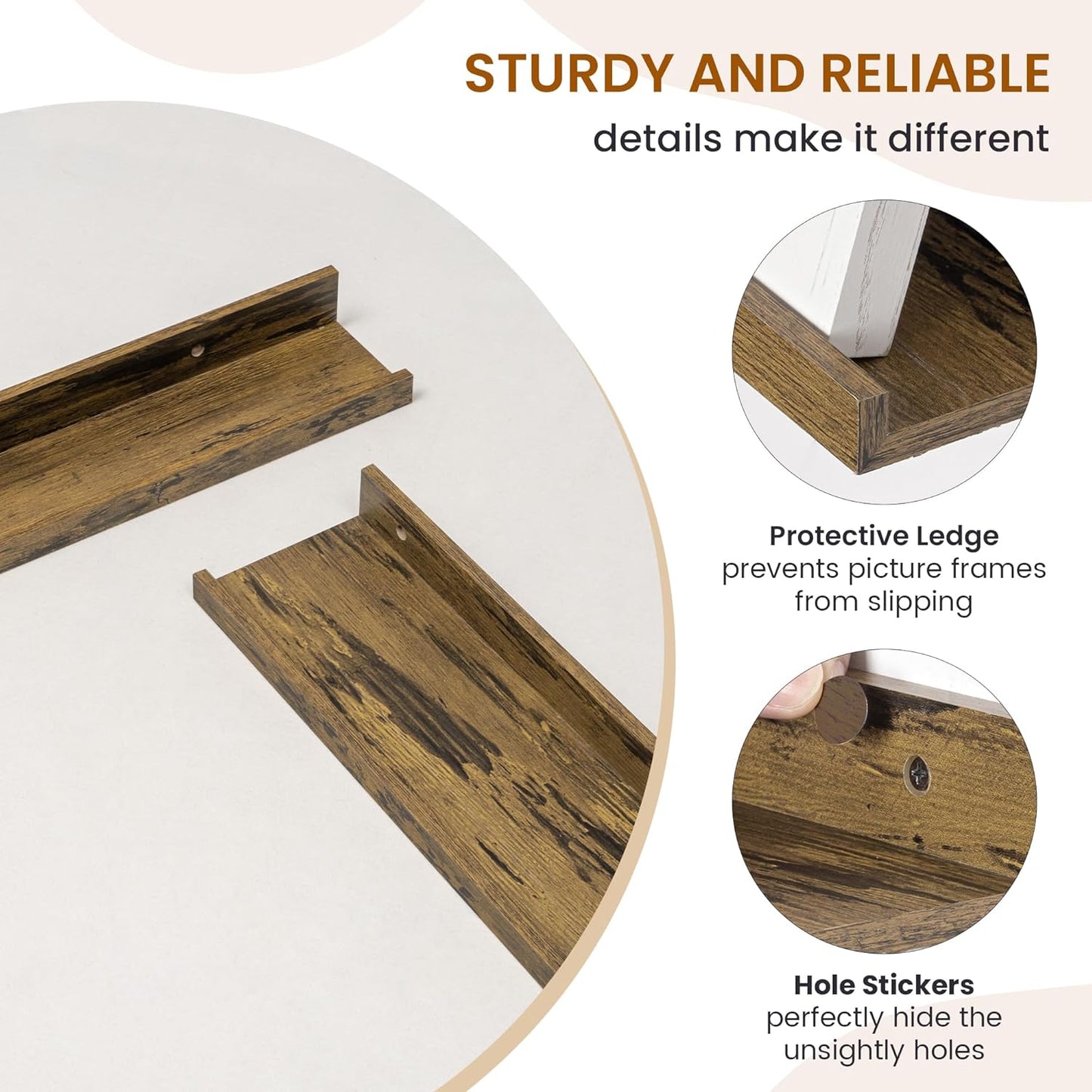 Axeman Picture Ledge Shelf, Floating Shelves for Wall Storage Set of 6, 16 inch Floating Wall Mounted Shelves, Wall Shelves with Lip for Living Room, Bedroom, Nursery, Bathroom, Kitchen, Rustic Brown