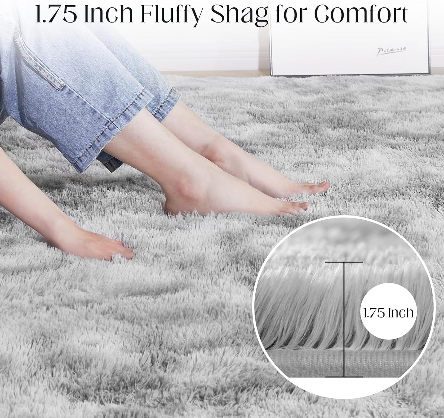 9x12 Area Rugs for Living Room, Ultra Soft Fluffy Rugs for Bedroom, Anti-Skid High Pile Indoor Carpet for Nursery, Study Room, Playroom, Home Decoration, Tie-Dyed Light Grey