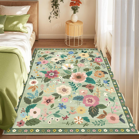 Floral 4x6 Area Rug Machine Washable Soft Print Boho Carpet Non Slip Doormat Low Pile Flower Area Rugs for Living Room Bedroom Nursery Kitchen Dining Room Indoor-Light Green