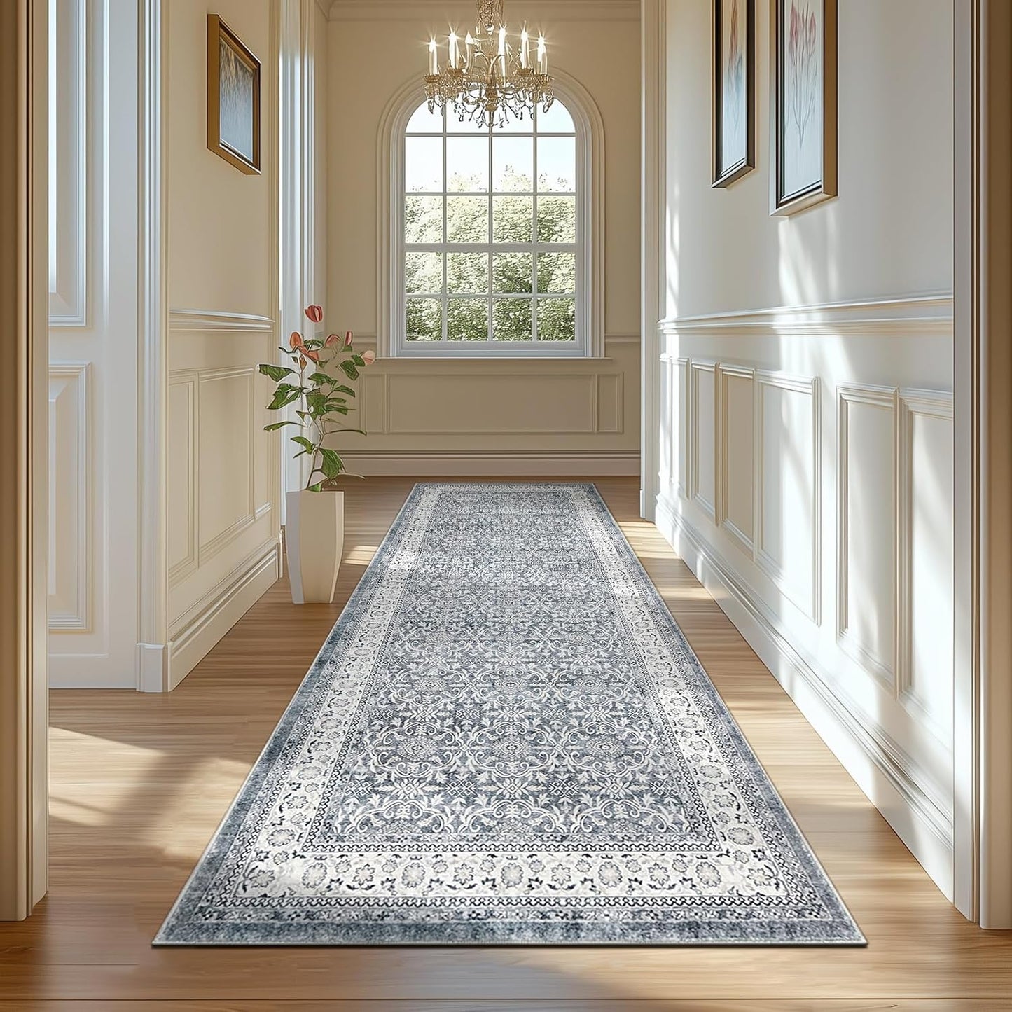 jinchan Hallway Runner Rug 3x10 - Machine Washable Grey Vintage Floral Distressed Design Soft Non-Slip Low-Pile Ultra-Thin Runner Rug for Kitchen Laundry Room Bedroom Farmhouse (3‘x10',Grey)