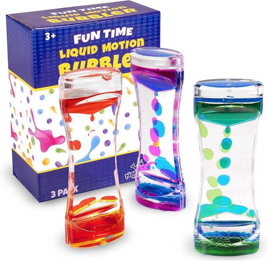 Liquid Motion Bubbler for Kids and Adults - Hourglass Liquid Bubbler/Timer for Sensory Play Toys, Fidget Toy and Stress Management (3 Pack)