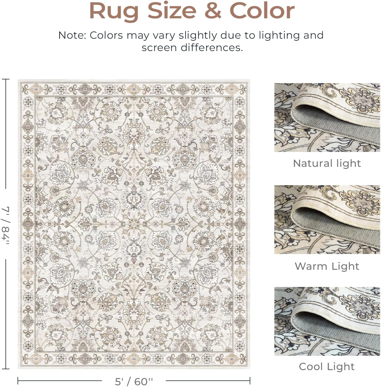 Washable Area Rug 5x7 for Living Room & Bedroom, Large Neutral Floral Rugs, Soft & Non Slip, Low Pile Wool Carpets for Indoor Under Table Dining Home Office Nursery Playroom, Beige