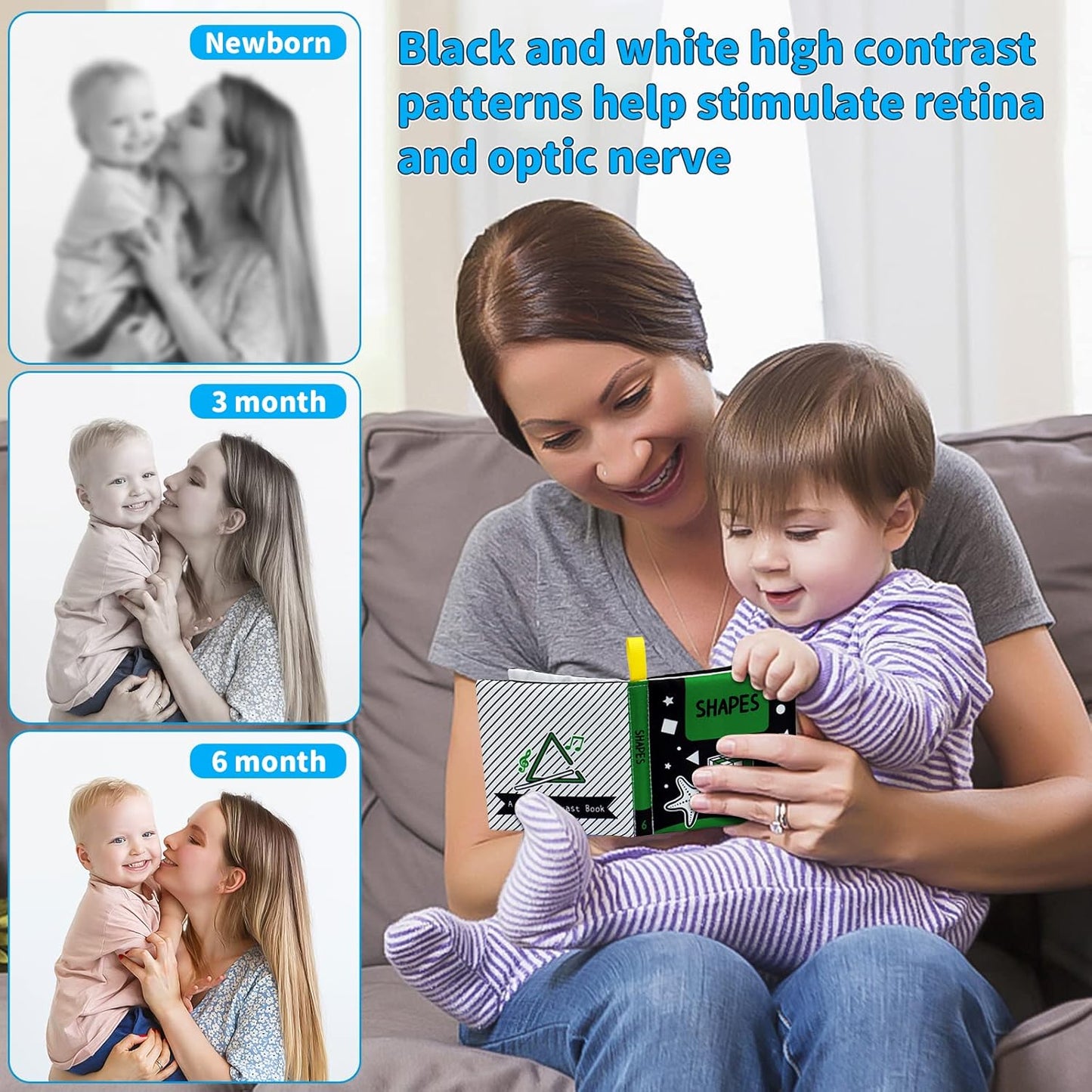 OKOOKO Soft Baby Books Black and White High Contrast 12PCS Soft Cloth Books Bath Books Crinkle Washable Non-Toxic Early Education Preschool Learning Toy for Newborns Babies Infants Toddlers Kids