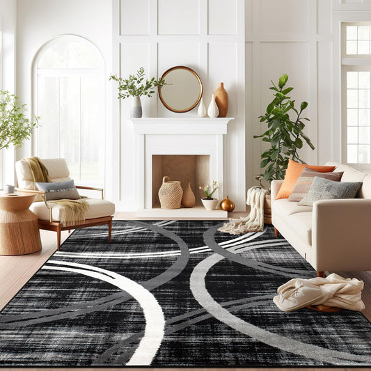 Rugshop Modern Wavy Circles Design Area Rug 10' x 14' Black