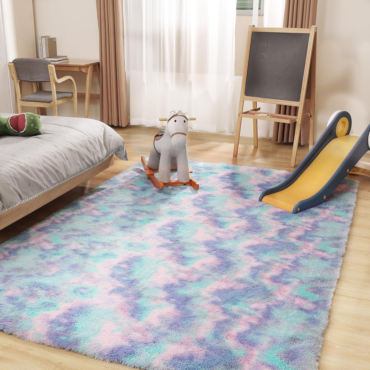 4x5.8 Rainbow Rug for Girls Room, Fluffy Area Rugs for Bedroom, Colorful Kids Rug Cute Anti-Skid Indoor Carpet for Nursery, Living Room, Playroom, Home Decor