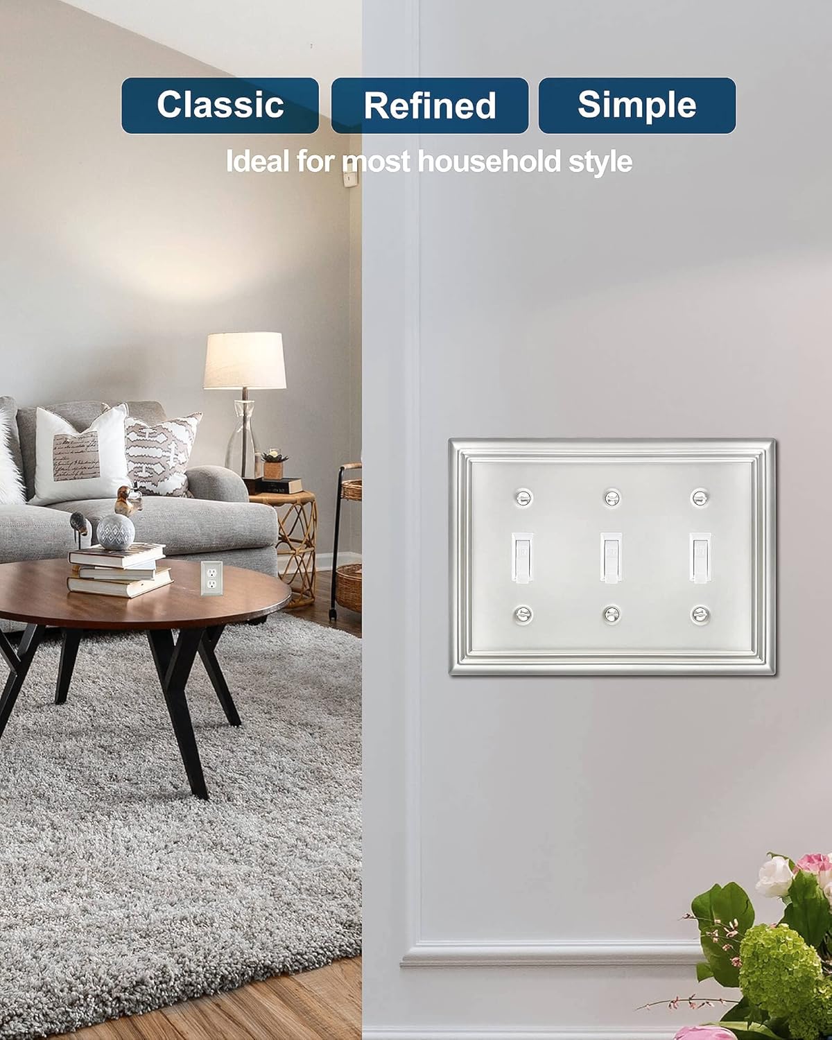 2-Pack Light Switch Cover, Satin Nickel Triple Toggle Wall Plate, Metal Switch Plate Cover, Midsize, A031 Series