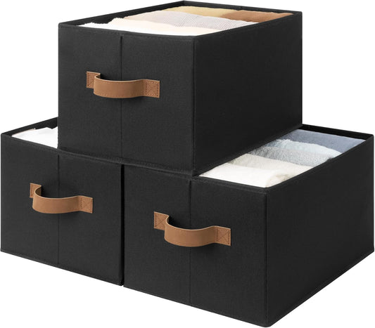 StorageWorks Storage Baskets for Shelves, Foldable Fabric Closet Storage Bins with Handles, Clothes Organizer Laundry Baskets, Black, 3-Pack, Large