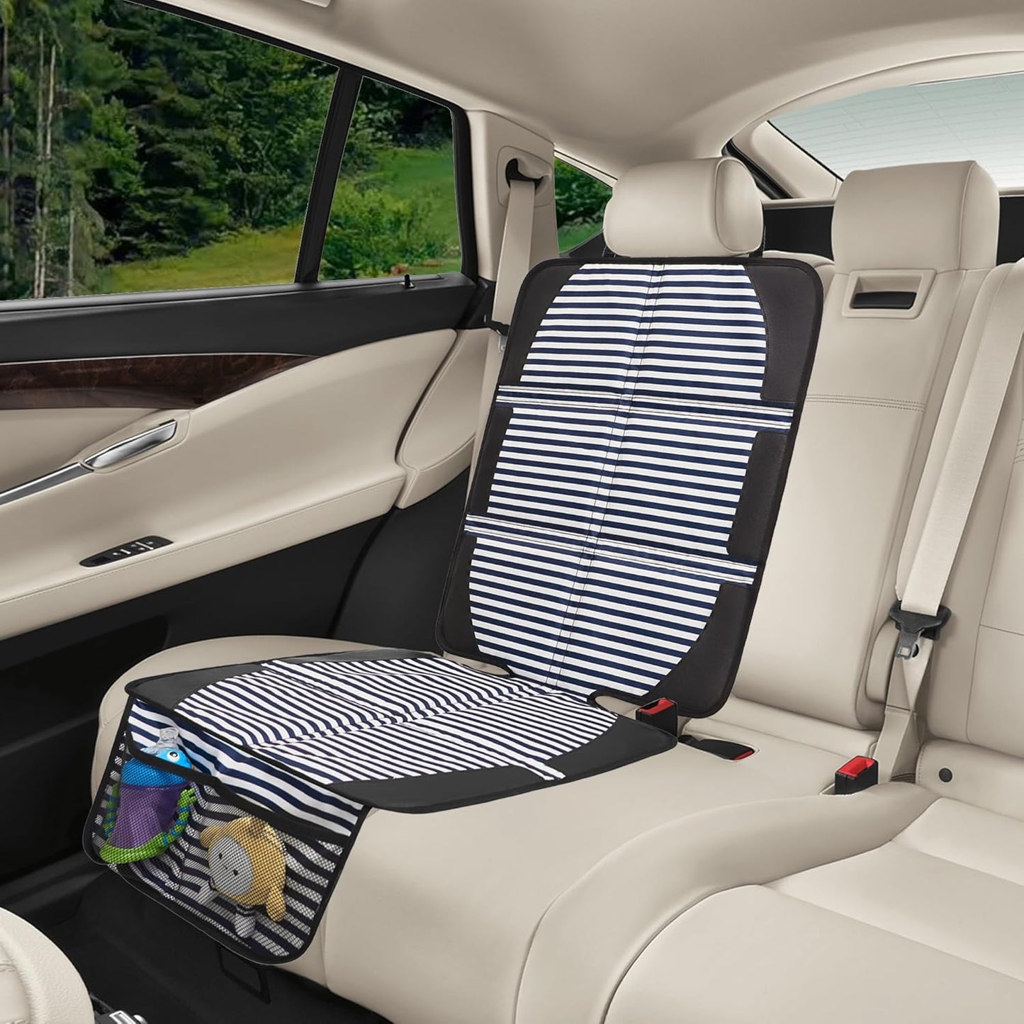 Car Seat Protector for Child Car Seat, 2 Pack Baby Car Seat Covers with Mesh Pockets & Non-Slip Backing 600D Durable Seat Protector Under Baby Car Seat for Car Back Seat (Stripe, Large)