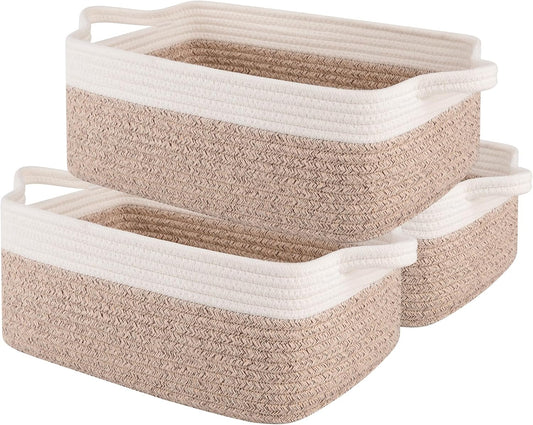 OIAHOMY 3 Pack Storage Baskets for Organizing, Woven Cotton Rope Basket for Shelves, Closet Organizer Bins with Handles, Rectangle Toy Organization, 13.78''×9.84''×5.5'', Brown & White