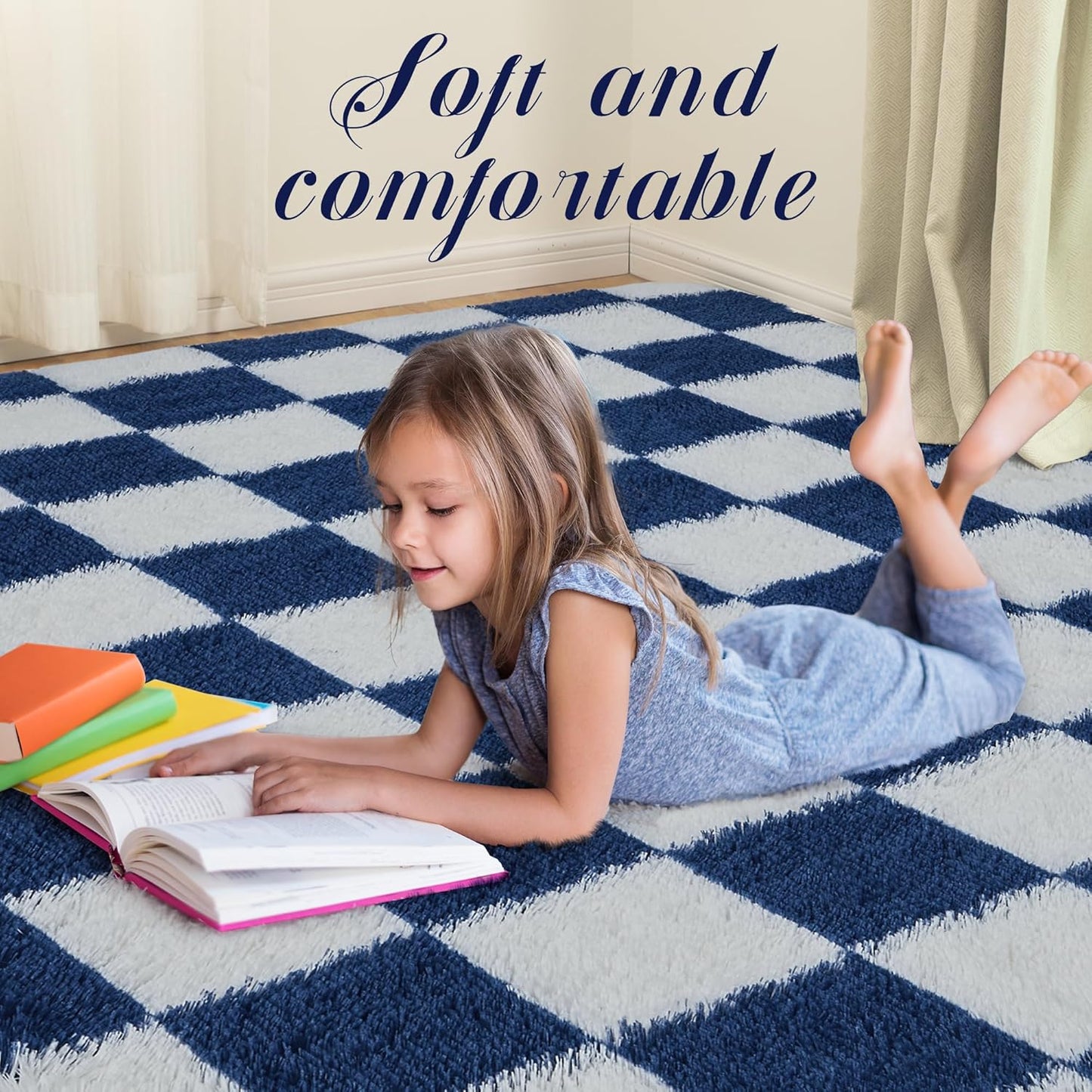 Super Soft Rug for Bedroom, 8x10 ft Blue and White Area Rug Classic Checkered Shaggy Anti-Skid High Pile Soft Fluffy Rug Fuzzy Carpet for Living Room Bedroom Kids Room Nursery, Dorm