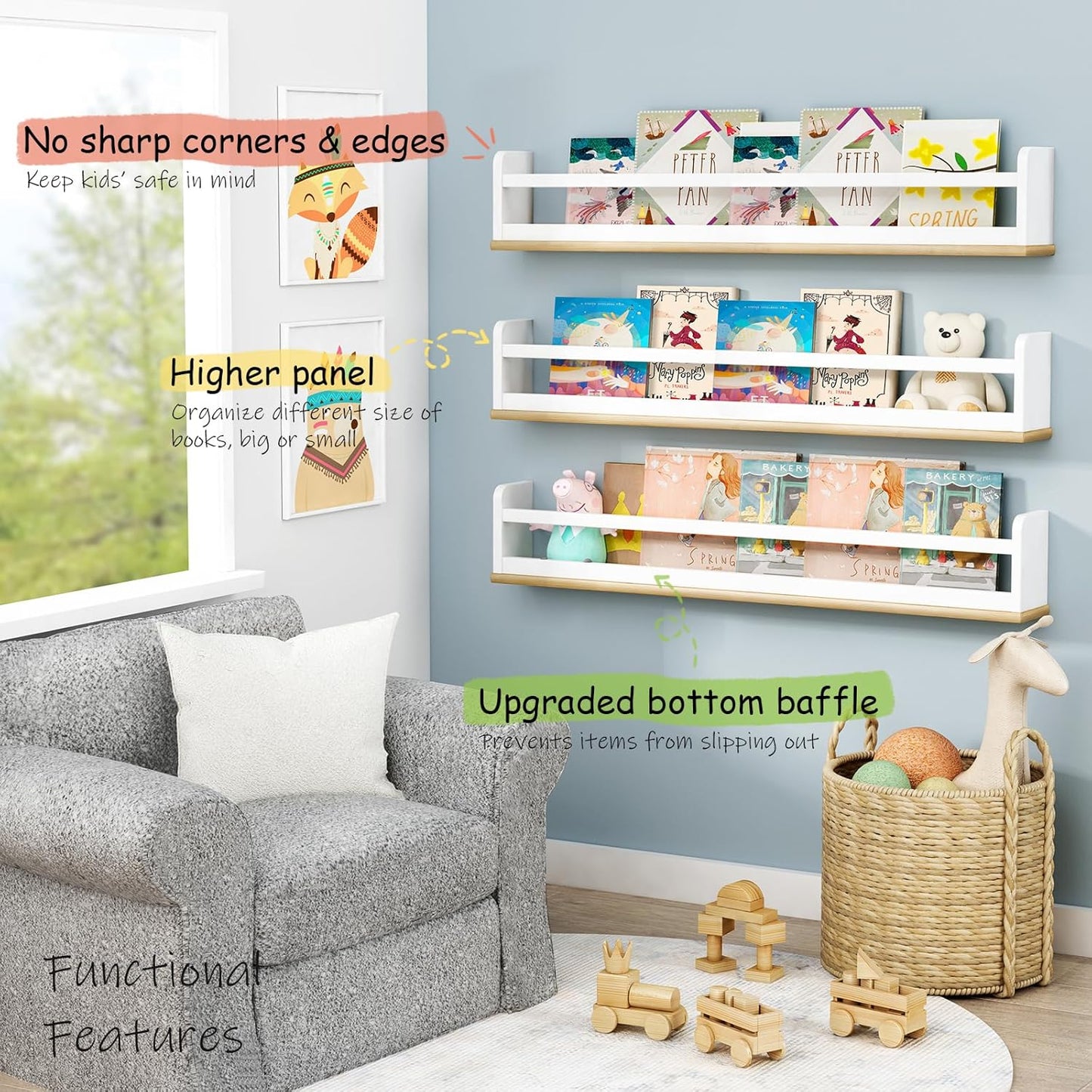 Upgraded Wall Bookshelf for Kids Room 36 Inches Long, White and Wood Nursery Floating Bookshelves for Wall, Hanging Book Shelves for Toddler Kid Child Bedoom Classroom Library-Set of 3