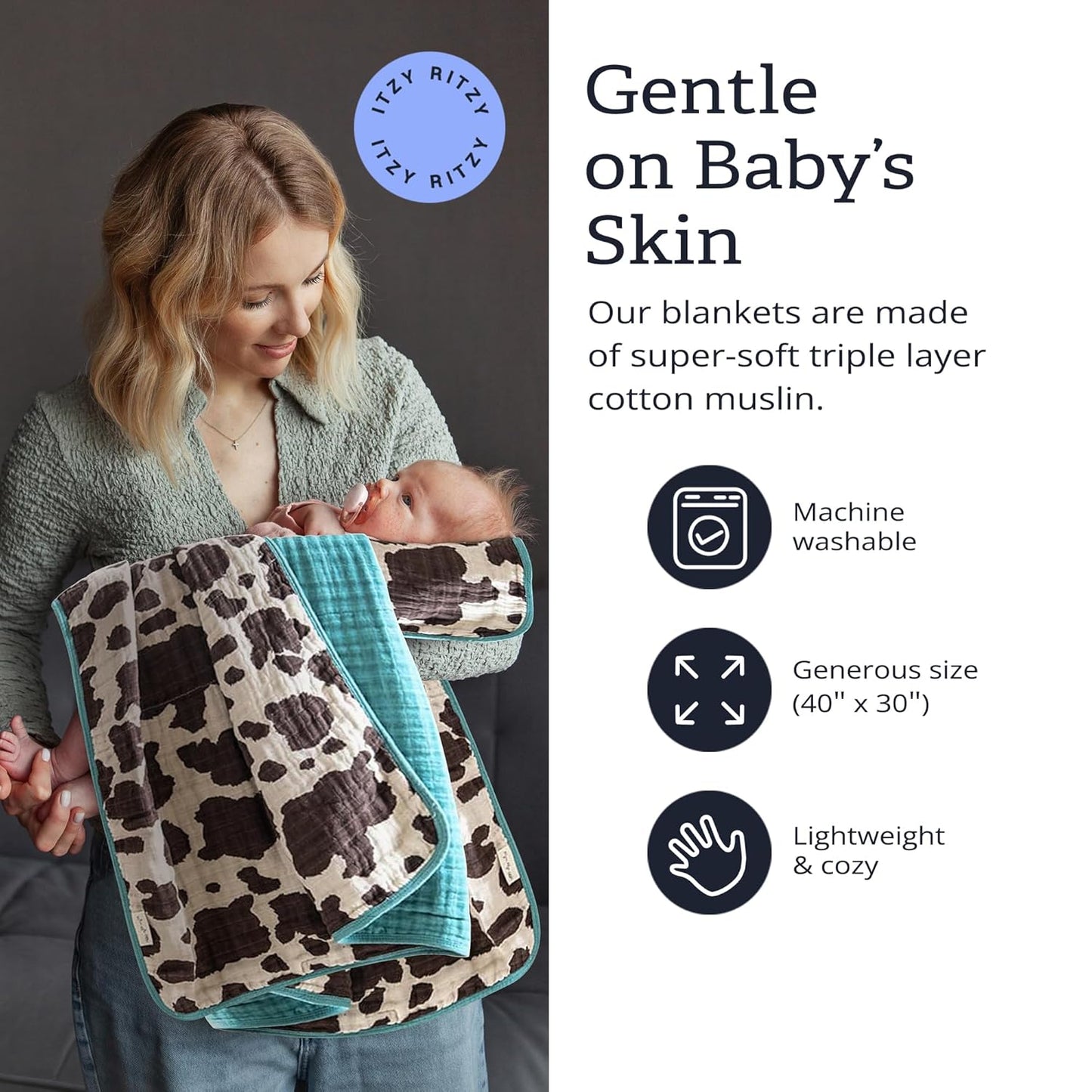 Itzy Ritzy Baby Blanket – Soft Cotton Muslin Multi-Use Blanket - Can Be Used as a Tummy Time Mat, Nursing Cover, Stroller Shade & More – Measures 30" x 40", Machine Washable (Cow Print)