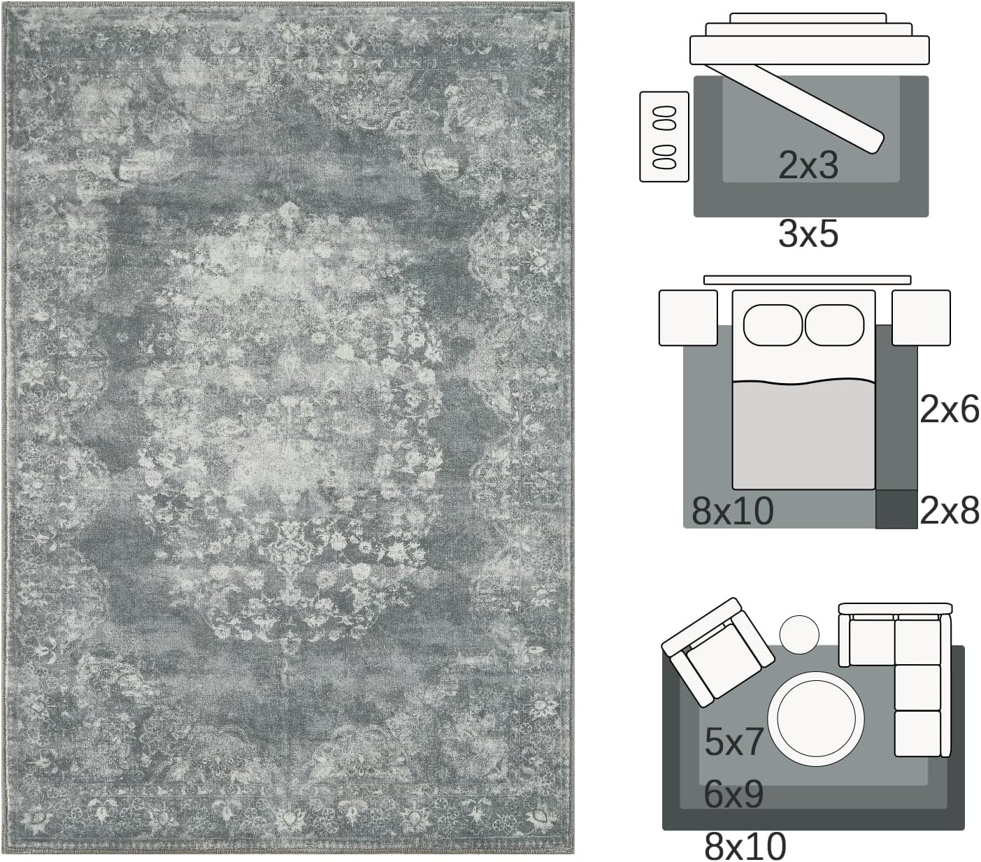 jinchan Vintage Floral 5x7 Area Rugs - Machine Washable Distressed Design Soft Ultra-Thin Low-Pile Non-Slip Carpet for Kitchen Bedroom Nursery Living Room Dining Room Home Office (5x7ft,Grey)