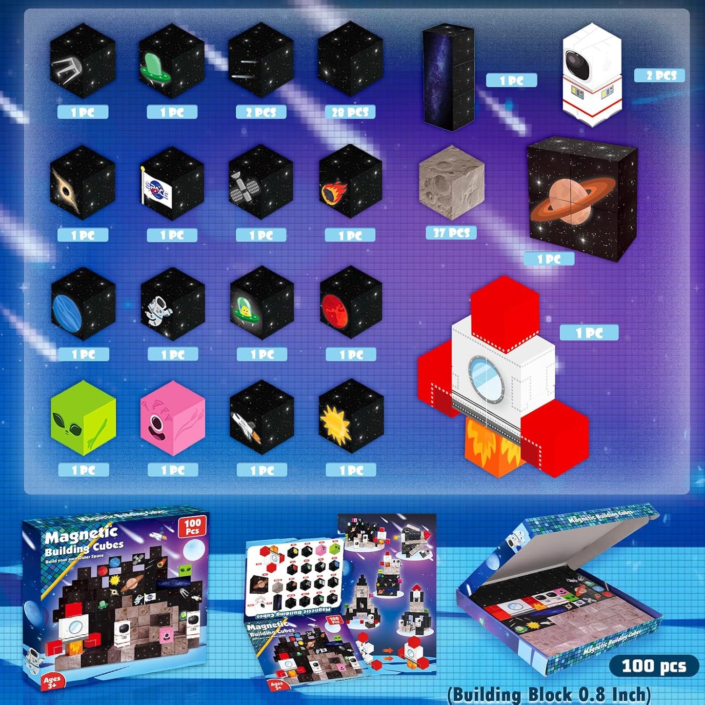 Goody King 100PCS Space Rocket Magnetic Building Blocks |Space Adventure Magnetic Tile Set, STEM Montessori Stacking Toy, Building Playsets for Boys and Girls Ages 3-10,Sensory Tile Christmas