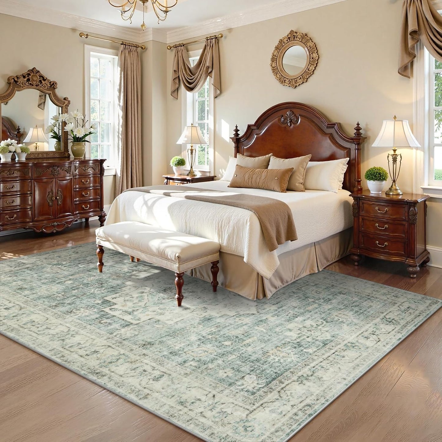 LIVEBOX Washable Area Rug 6x9 Rugs for Living Room Dining Room Under Table, Non-Slip Boho Indoor Carpet for Bedroom, Low-Pile Farmhouse Soft Carpets for Nursery Playroom, Sage Green