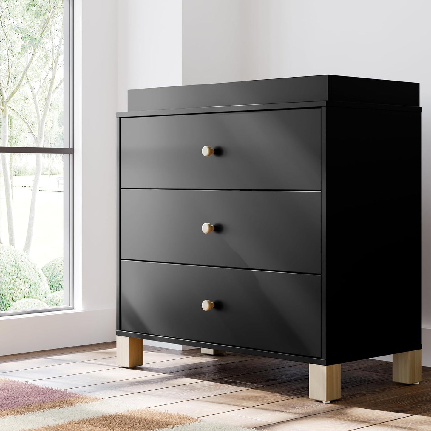 Storkcraft California 3-Drawer Chest with Removable Changing Topper (Black with Driftwood) – GREENGUARD Gold Certified, Interlocking Drawer System, Pre-Installed Tracks, Easy Assembly