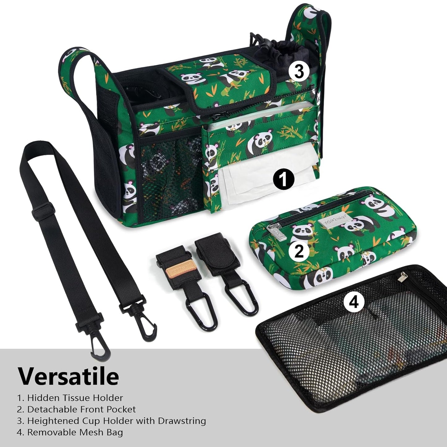 TOPDesign Universal Baby Stroller Organizer, Stroller Caddy with Detachable Mesh Bag & Heightened Insulated Cup Holders & Non-Slip Secure Hooks Accessories, Fits Most Strollers (Pandas)