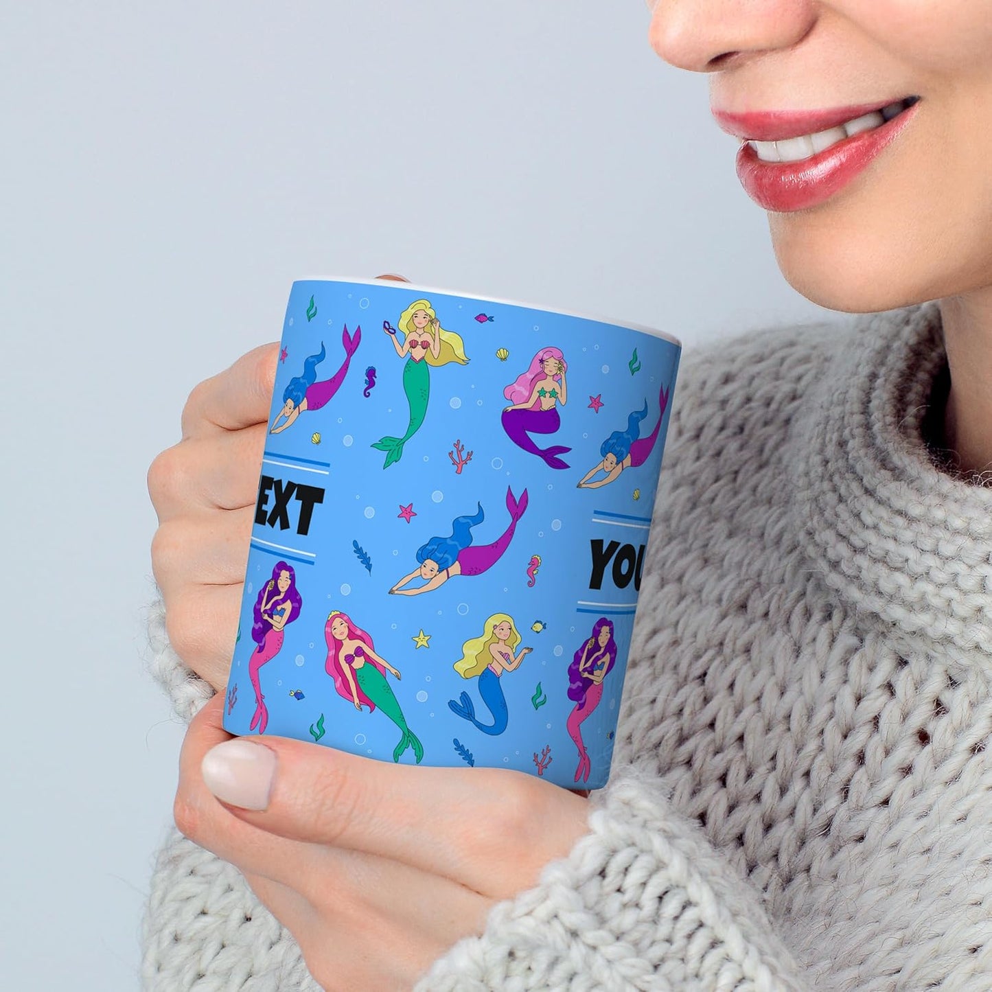 Personalized Mug for Kids - Mermaids - Custom Name/Text, Ceramic Hot Chocolate/Cocoa/Coffee Cup for Girls, Birthday/Christmas/Holiday Gift - 11 oz, Pink Handle