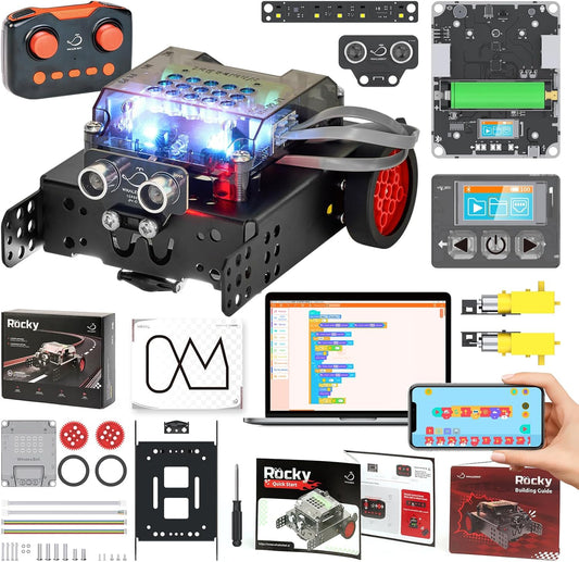 WhalesBot Rocky Smart Robot Car Coding & Remote Control Kit for Kids 8-16, Modular/Scratch/Python/C Programming, Educational Engineering Science Toy Set with Multiple Sensors and Smart Controller