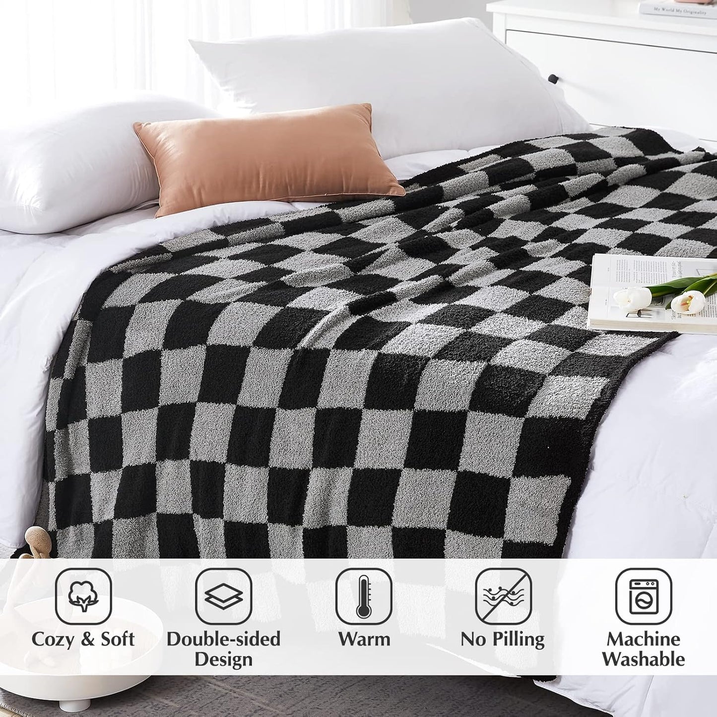 WRENSONGE Checkered Throw Blanket, Black Grey Checkered Soft Cozy Fluffy Warm Hand Made Weave Throw Blankets for Couch, Sofa, Chair, Bed, Picnic,Travel Lightweight Bed Blanket - 60 * 80