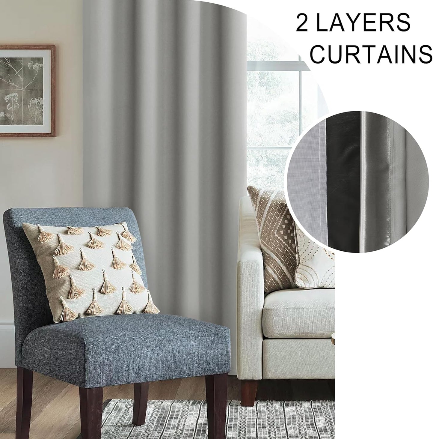 XWZO Full Shading Blackout Curtains 45 Inches Length with Tiebacks- Heat and Light Blocking Rod Pocket Window Drapes with Black Liner Backing for Bedroom/Kid's Room, Light Grey, W42 x L45, Set of 2