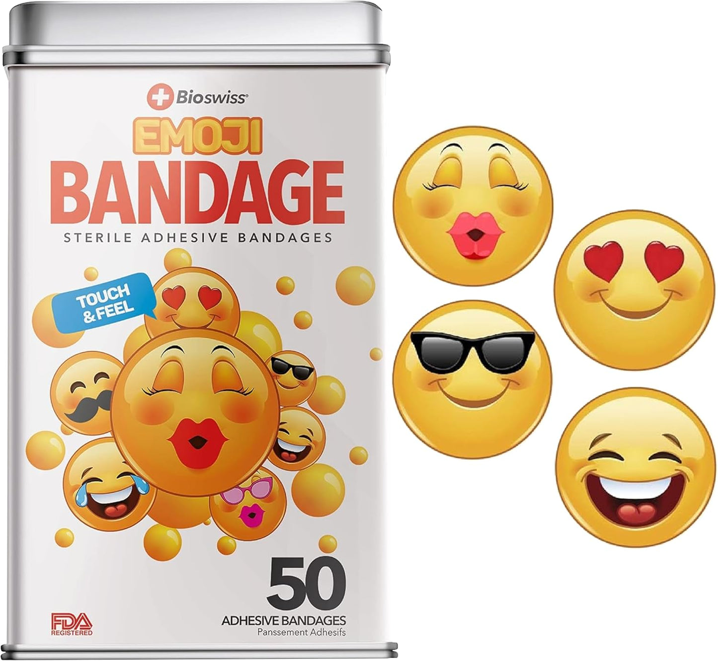 BioSwiss Bandages, Emoji Shaped Self Adhesive Bandage, Latex Free Sterile Wound Care, Fun First Aid Kit Supplies for Kids, 50 Count