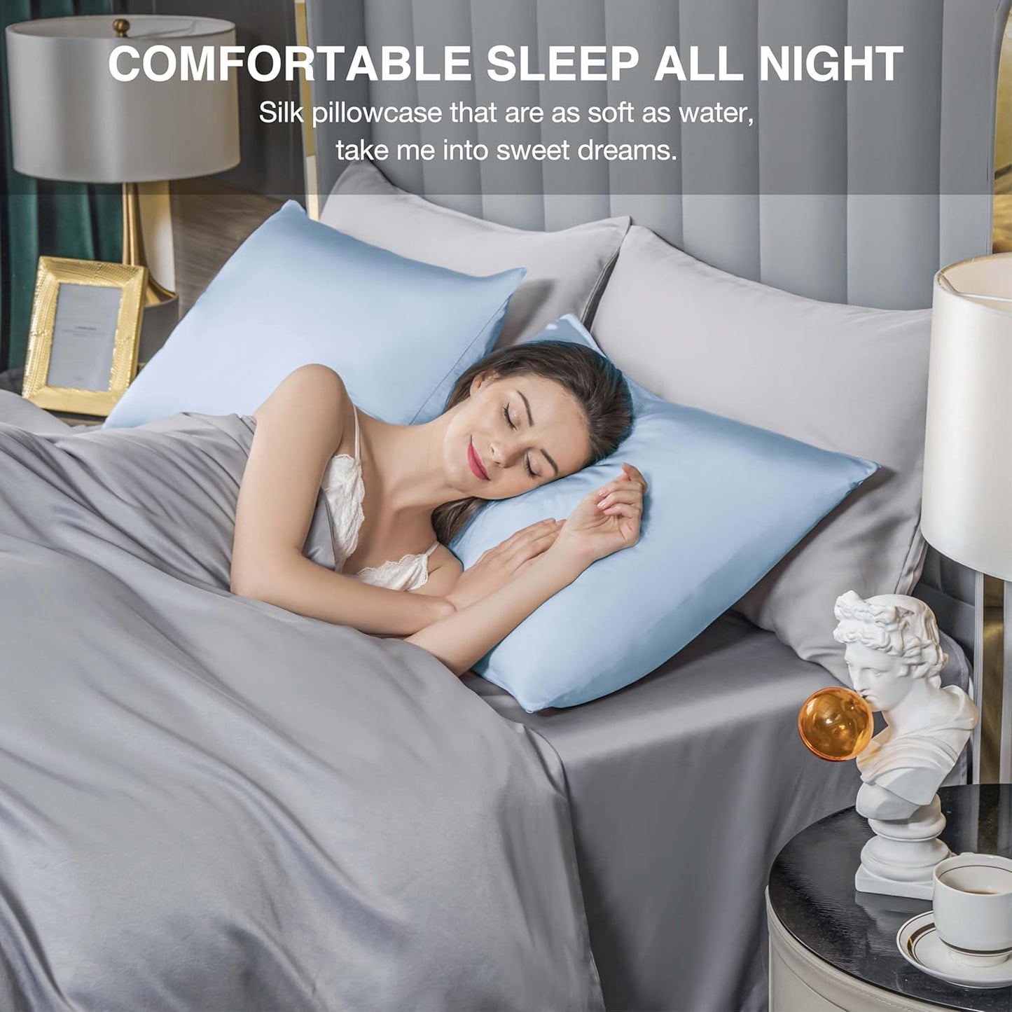 Mulberry Silk Pillowcase for Hair and Skin,Cooling Silk Pillow Case with Hidden Zipper,Allergen Proof Dual Sides Soft Breathable Smooth Silk Pillow Cover for Women (Light Blue,Body)