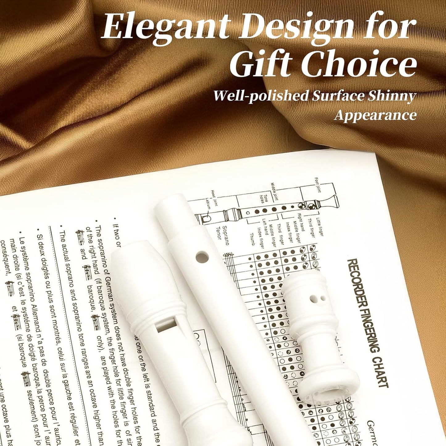 Soprano Recorder for Kids Beginners, German Fingering, C Key, 3 Piece with Cleaning Rod, Bag, Fingering Chart (White)…