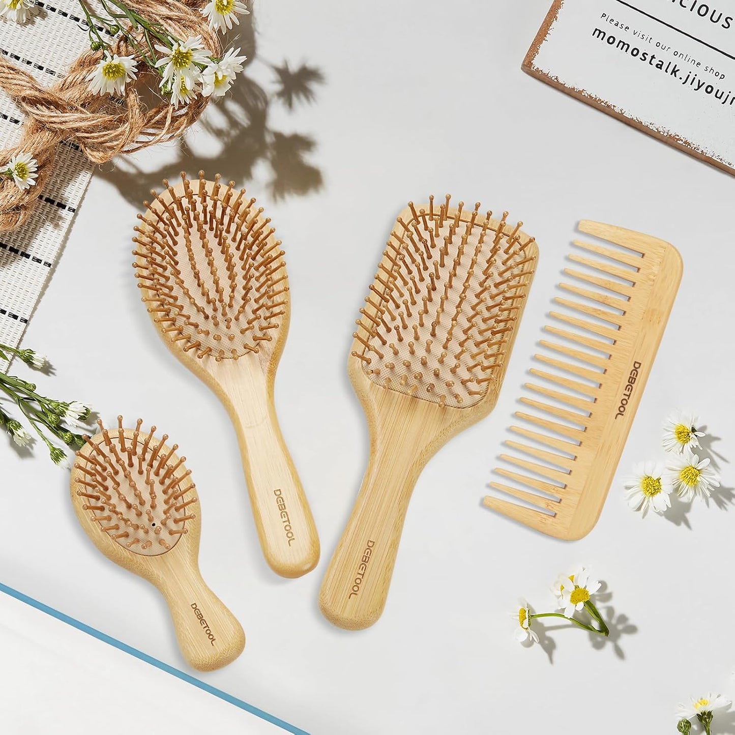 Bamboo Hair Brush Set, Natural Wooden Bamboo Comb Paddle Detangling Hairbrush for Hair Growth - Wide-tooth and Tail Comb Suitable for Thick/Thin/Curly/Dry Hair