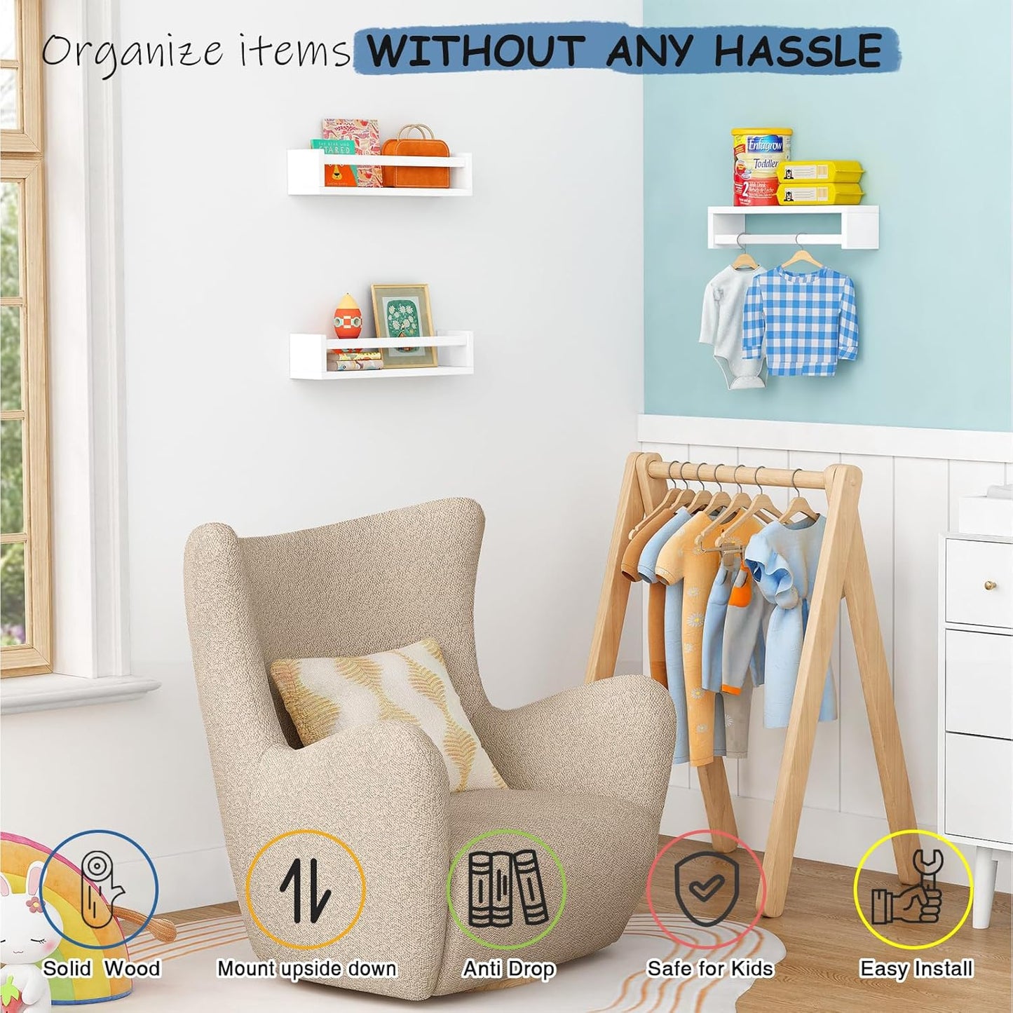 White Nursery Floating Book Shelves for Wall Set of 3, Kids Wall Shelves for Baby Room Bedroom, Modern Hanging Bookshelf for Baby Toddler Children Girls Boys Decor and Toys Books Storage