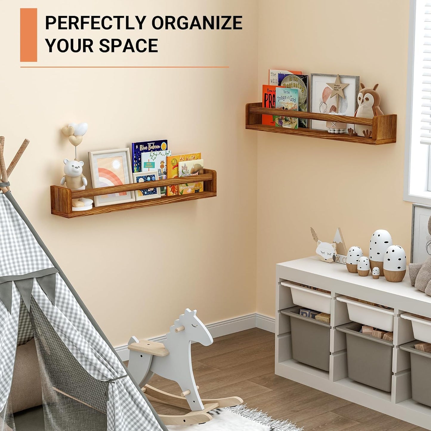 Heimlove 24 Inch Nursery Floating Shelves, Nursery Book Shelves for Wall, Wall Bookshelf for Kids Solid Wood Wall Mounted Shelves for Books,Toys and Decor Storage, Set of 2