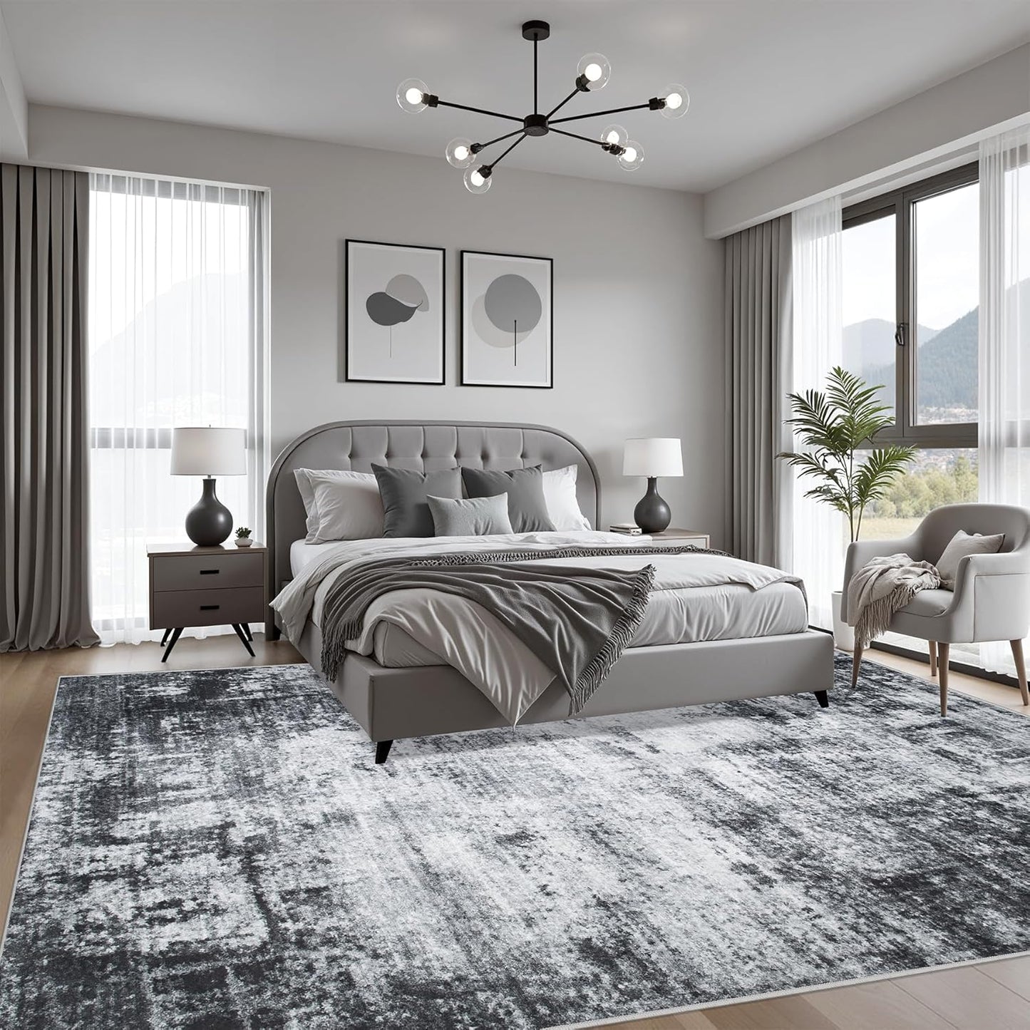 6x9 Area Rug Living Room Rug: Washable Modern Abstract Soft Thin Rug Indoor Floor No Slip Stain Resistant Carpet for Bedroom Dining Room Farmhouse Nursery Home Office - Dark Black