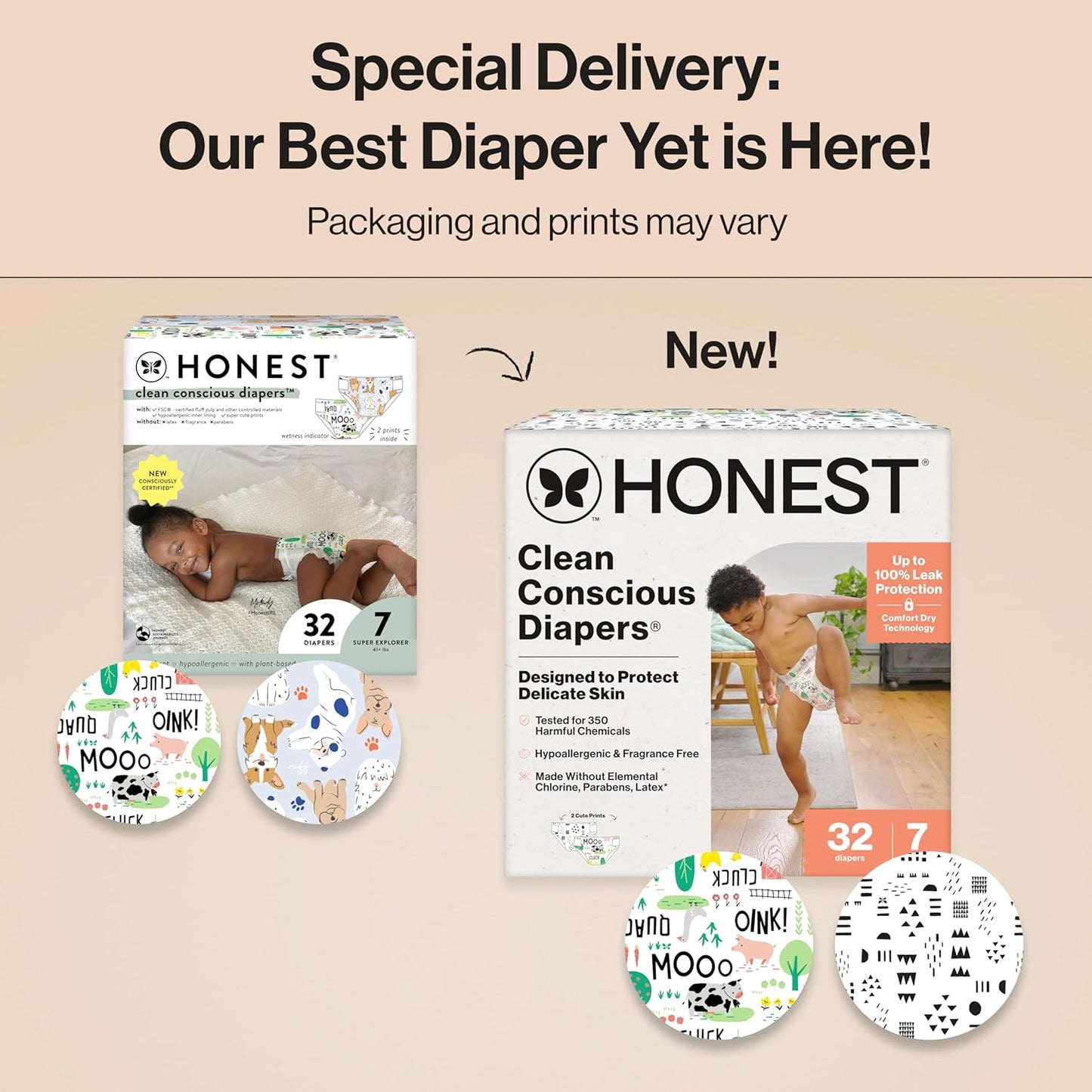 The Honest Company Clean Conscious Diapers for Delicate Skin | Up to 100% Leakproof | Hypoallergenic, Fragrance Free | Gender Neutral | Club Box, Size 7 (41+ lbs), 32 Count (Prints May Vary)