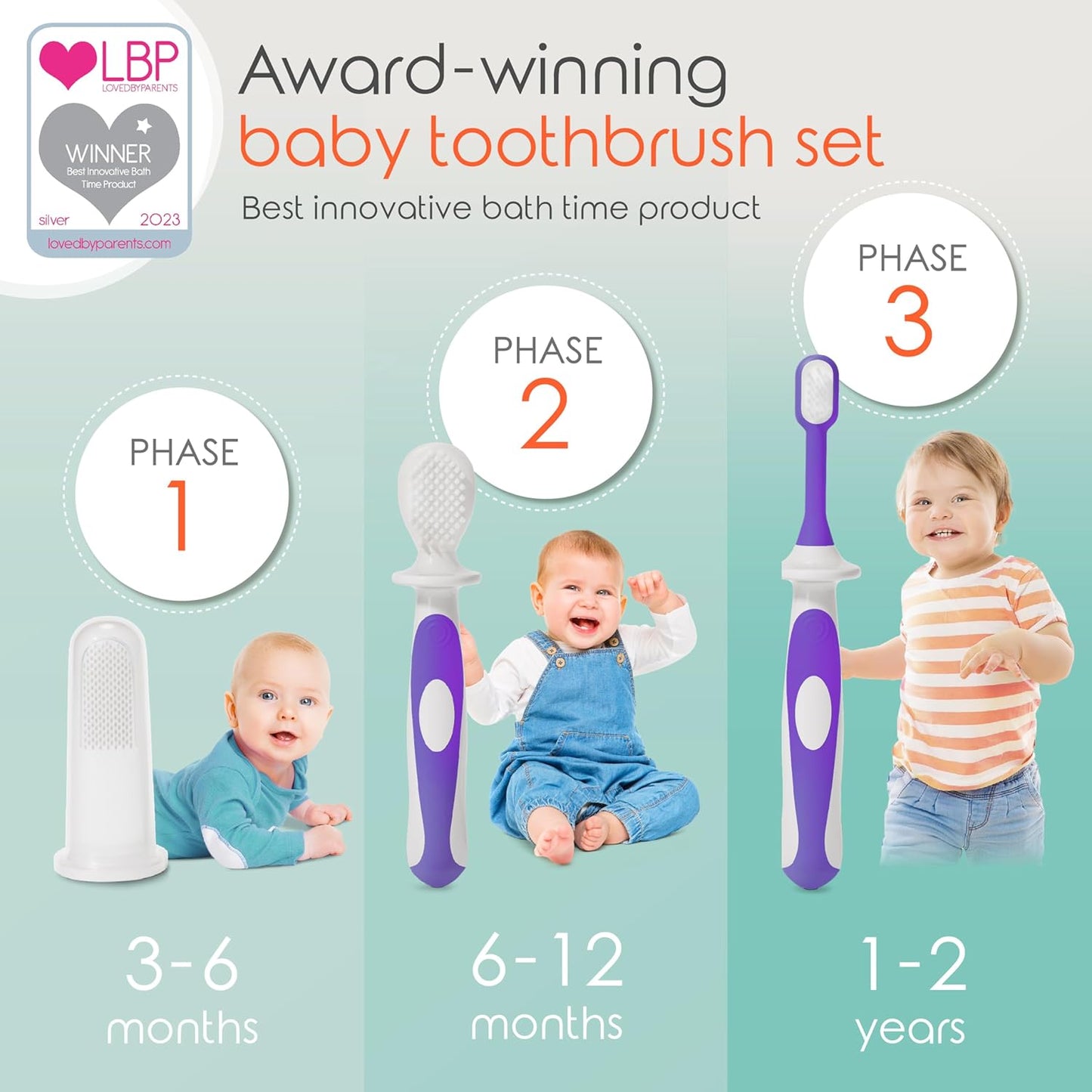 Cherish Baby Care Baby Toothbrush & Toddler Toothbrush Set (0-2 Years) - BPA-Free & Safety-Tested, 2023 Award Winner, Food-Grade Silicone (Purple)
