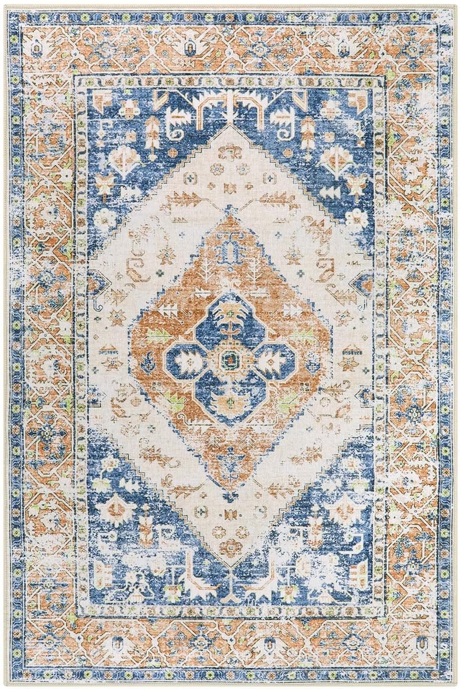 Lahome Boho Small Entryway Rug - 2x3 Non-Slip Washable Rugs for Kitchen Oriental Throw Ultra-Thin Area Rugs for Bedroom Accent Distressed Blue Floor Doormat Carpet for Bathroom Laundry Living Room