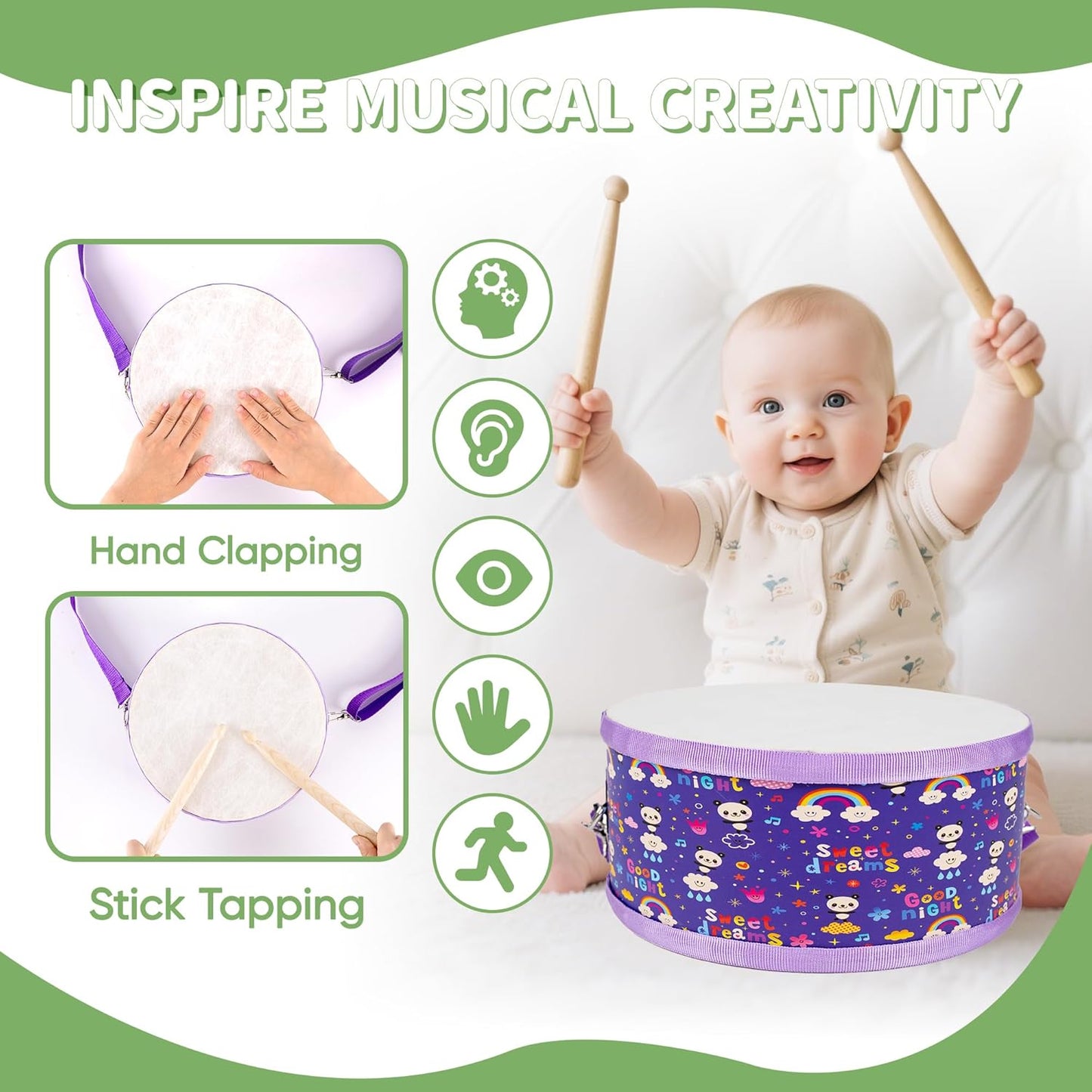 Kids Drum Set with Adjustable Strap: Toddler Musical Instrument for Ages 3-5, Wearable Drum Kit with Drumsticks, Educational Percussion Toy for Rhythm Music Development (Purple)