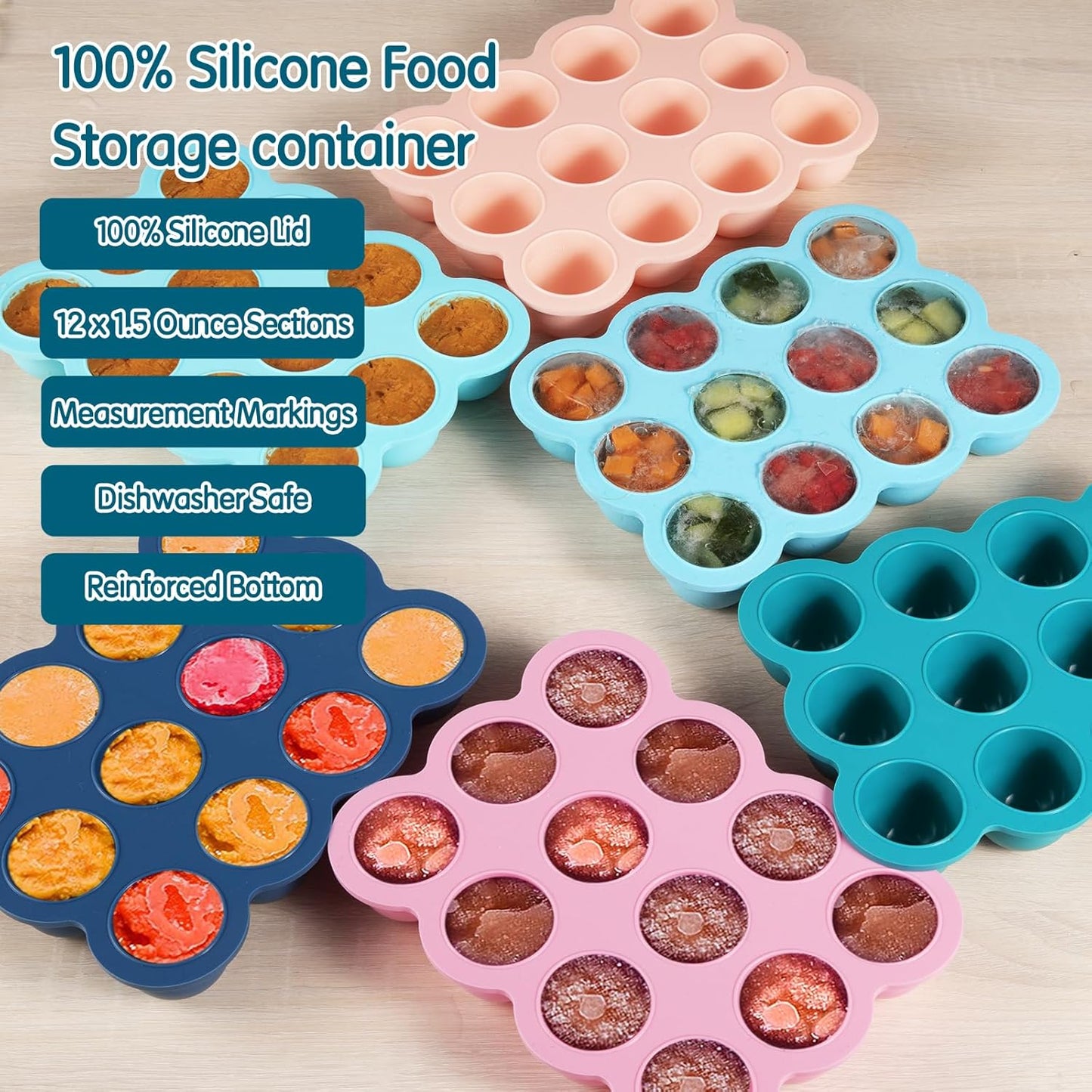 Baby Food Storage - 12 x 1.5OZ Silicone Freezer Tray with Lid, Containers for Homemade Purees - Midnight Blue