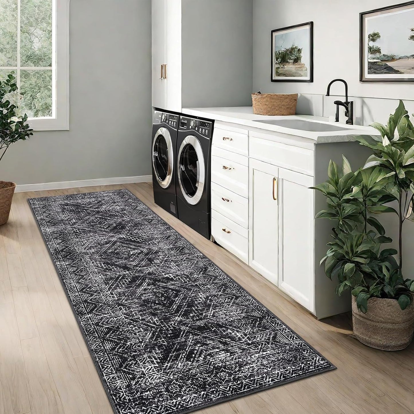 COZYLOOM Rug Runners 2x6 Washable Rugs for Bedroom Hallway Dining Room Living Room, Vintage Rug Non Slip Area Rug Geometric Soft Throw Rugs Low Pile Stain Resistant Carpet, Black