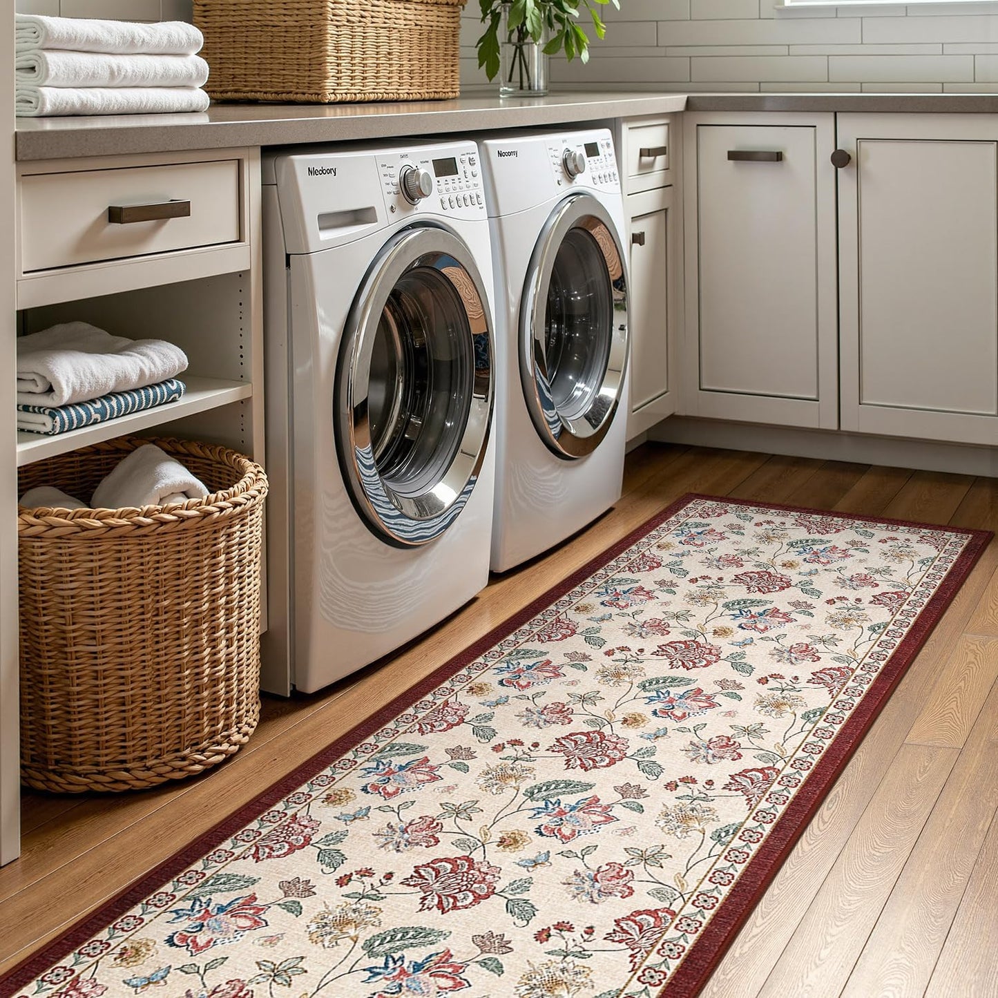 jinchan 3x10 Floral Runner Rug for Hallway Washable Kitchen Runner Vintage Romance Design Non Slip Thin Indoor Floor Cover Low-Profile Throw Carpet for Entryway Bathroom Bedroom Porch, Red/Beige