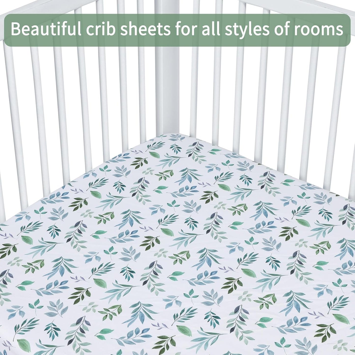 Baby Crib Sheets for Boys Girls, 2 Pack Fitted Crib Sheet for Standard Crib and Toddler Mattress, Soft Microfiber Baby Sheet 52x28x8in (Leaf & Green)