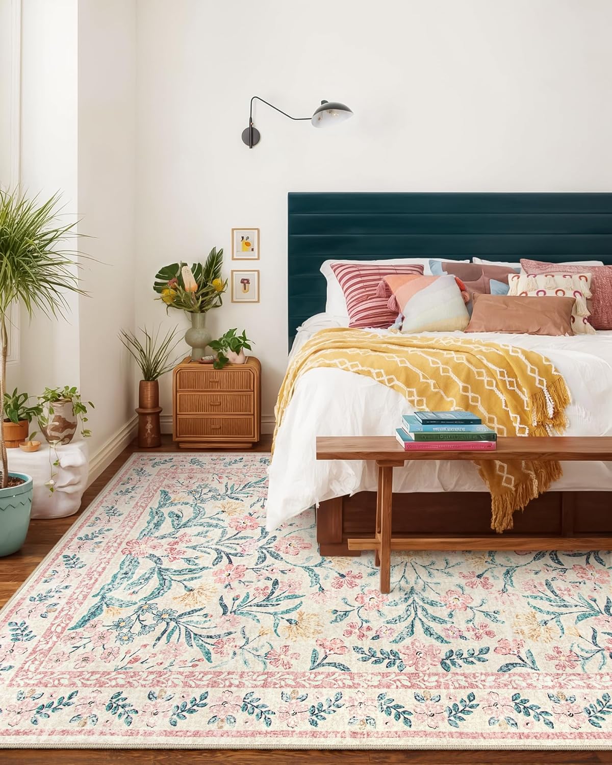 Wonnitar 8 x 10 Area Rugs for Living Room, Boho Large Washable Bedroom Rug 8x10, Soft Pink Floral Carpet Non Slip, Low Pile Indoor Carpet for Girls Room Playroom Nursery