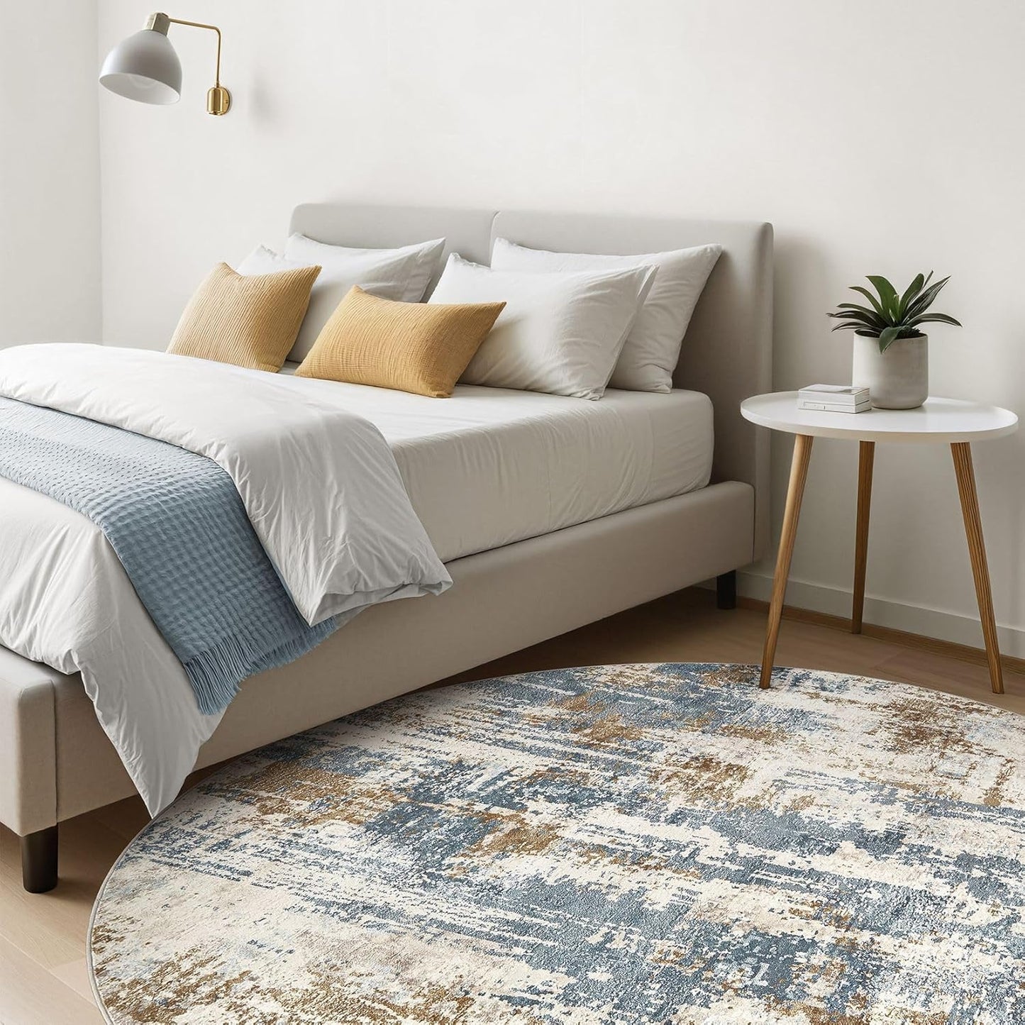 Round Rug Living Room Rugs: 10Ft Washable Circle Large Abstract Modern Soft Stain Resistant Non Slip Indoor Floor Carpet for Bedroom Nursery Office Dining Room Dorm Home House Decor- Tan Blue