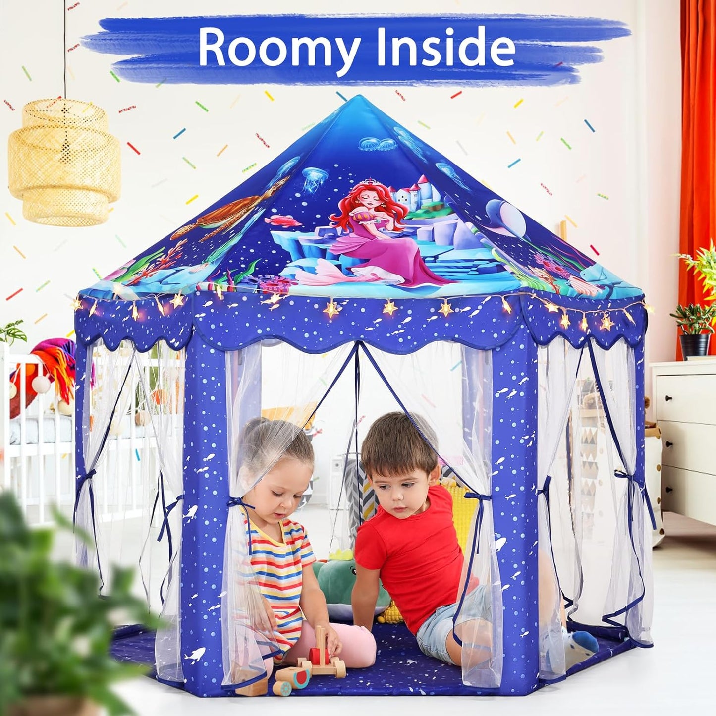 Monobeach Mermaid Princess Tent Girls Blue Large Playhouse Kids Castle Play Tent with Star Lights Gift Toy for Children Indoor and Outdoor Games
