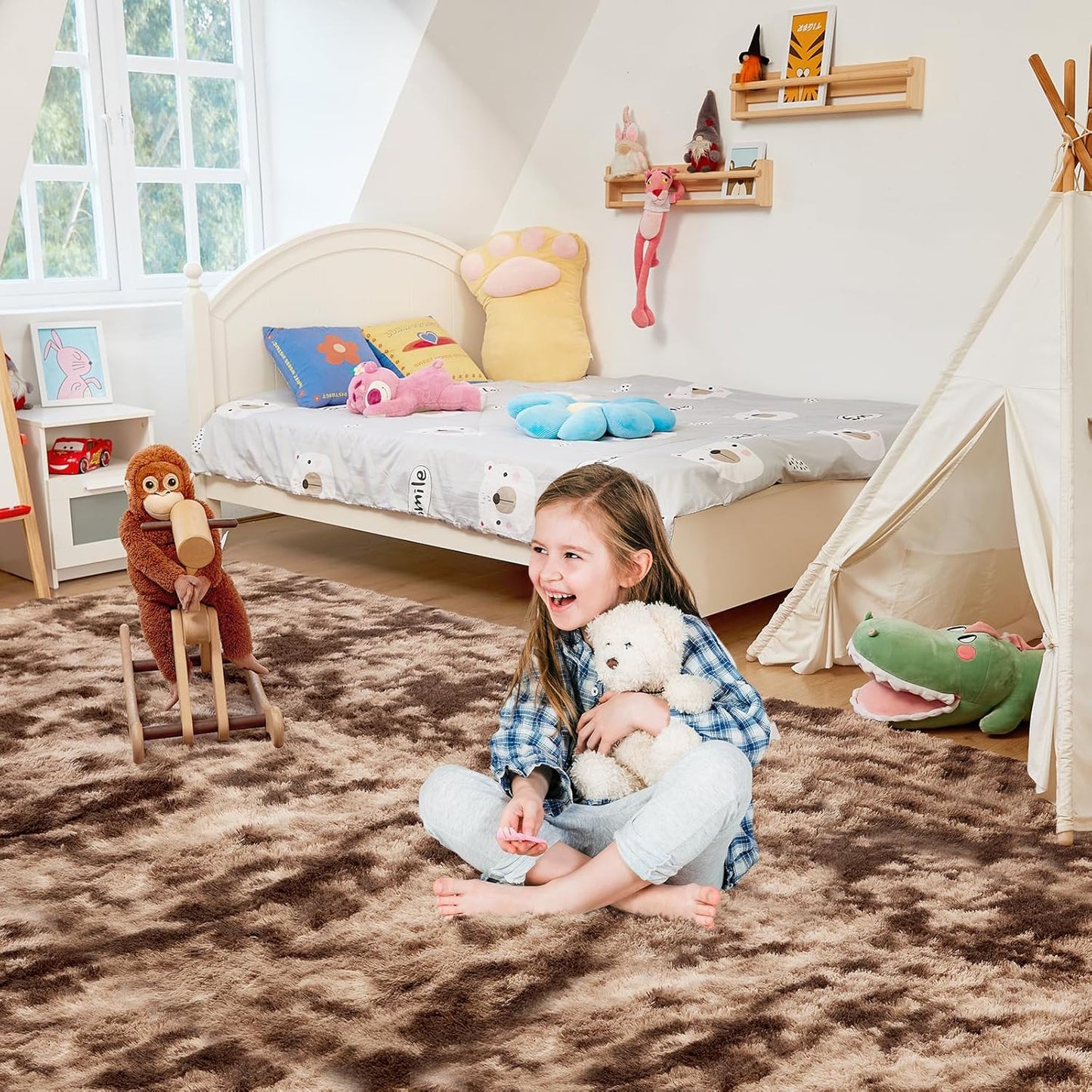 Ultra Soft Rug for Living Room, 3X5 Fluffy Shag Area Rug for Bedroom, Modern Shaggy Carpets Fuzzy Rug for Teens Dorm Nursery Home Decor Aesthetic, Upgrade Anti-Skid Durable, Tie-Dyed Coffee