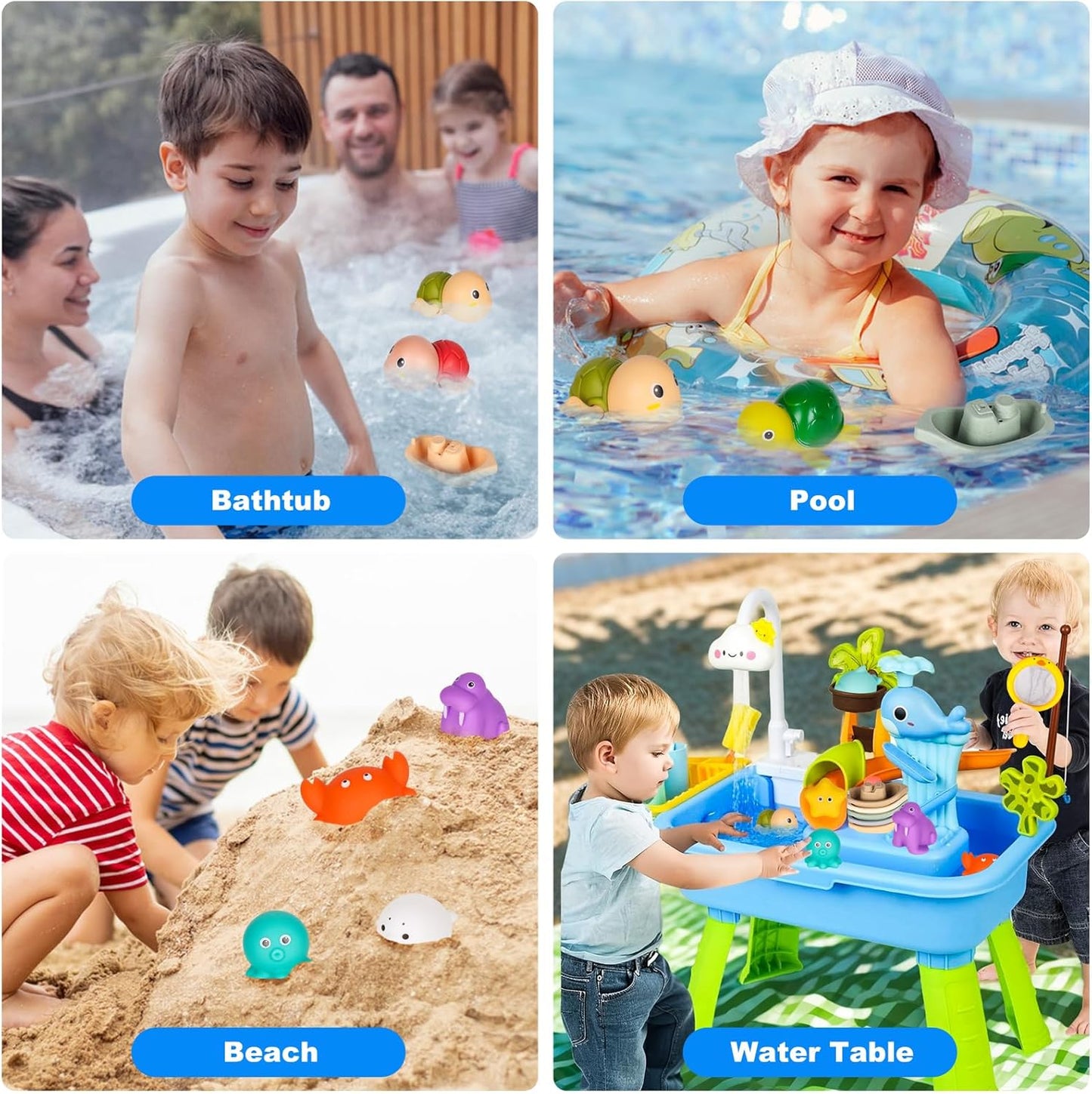 Mold-Free Baby Bath Toys Set 16 Pcs (2 Wind-Up Turtles, 7 No-Hole Sea Animals, 5 Stackable Boats, Fishing Net & Storage Bag) – BPA & Phthalate-Free, Ideal Water Table Baby Pool Toys for Kids Ages 1-3