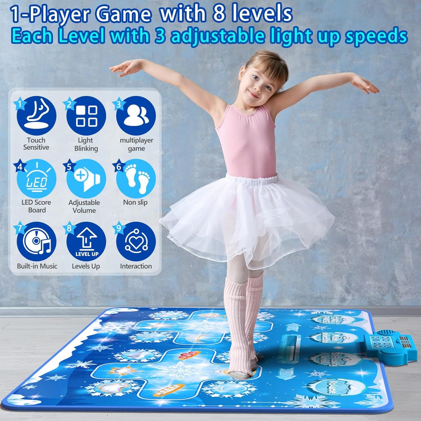 Kids Dance Mat Toys - 2-Player Dance Pad Gifts for Girls Boys Toddlers 3 4 5 6 7 8 9 + Year Old Electronic Dancing Mat Floor Games Toy with Music Light Christmas Birthday Gift (Frozen Blue)