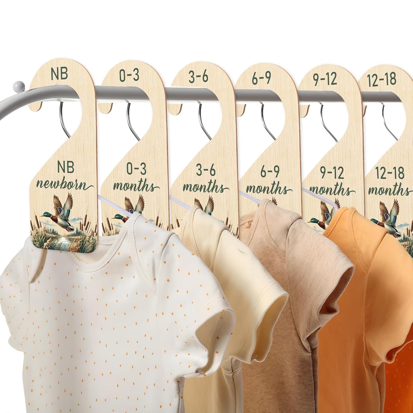 R HORSE Wooden Baby Closet Dividers - 8Pcs Mallard Duck Baby Closet Organizer Double-Sided Newborn Clothes Size Hanger Dividers Nursery Decor Birthday Gift for Boy Girl (0-24 Months)