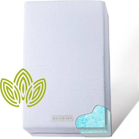 Organic Cotton Dual-Sided Crib Mattress | 2-Stage Premium Memory Foam CertiPUR-US Hypoallergenic Baby Mattress, Firm Support for Infant, Cooling Gel for Toddler, Waterproof Washable Cover, (Blue)