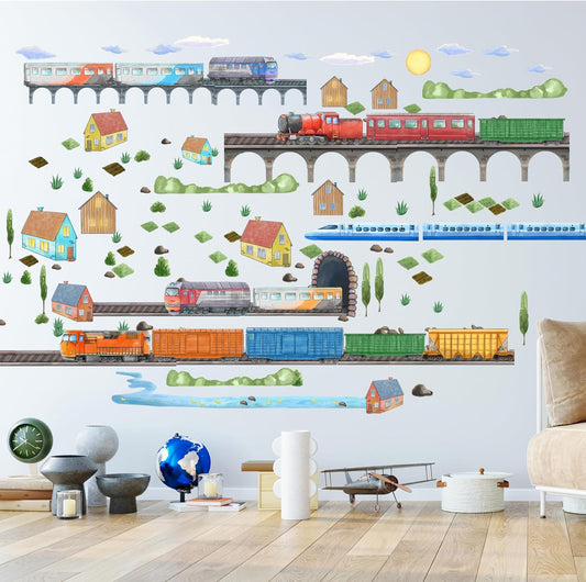 Train Wall Decals for Kids by Lipastick - Educational Railroad Wall Stickers for Boys and Girls - Peel and Stick Locomotive, Carriage, Wagon Wall Decals for Nursery, Playroom, Bedroom Decor -XXL Size