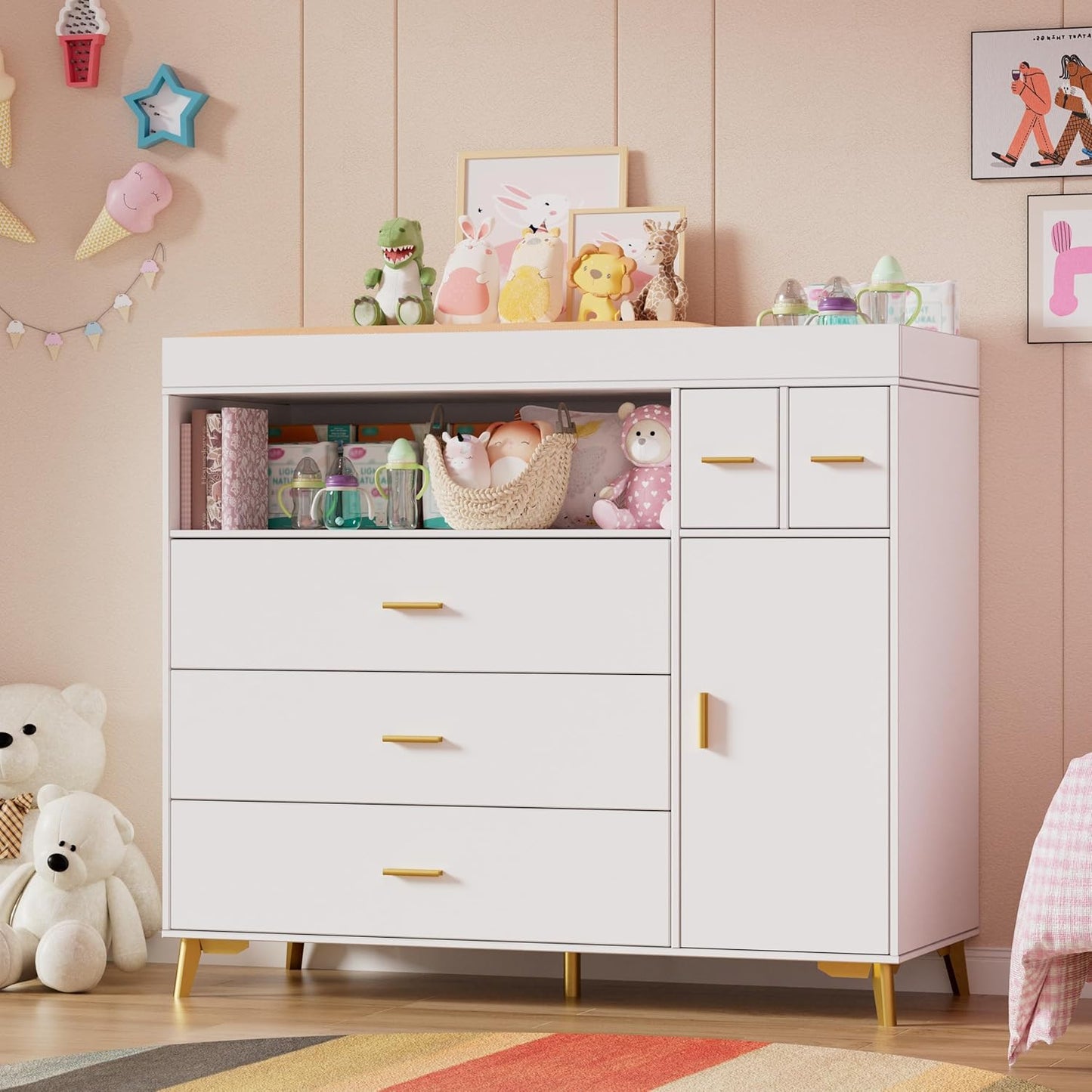 PAKASEPT Changing Table with Drawers, Changing Table Dresser with 5 Drawer & Cabinet